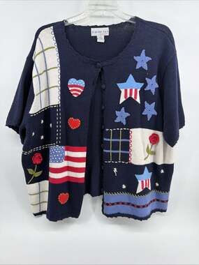 Bedford Fair Lifestyles Patriotic Patchwork Cardigan Sweater Women's 2XL Short